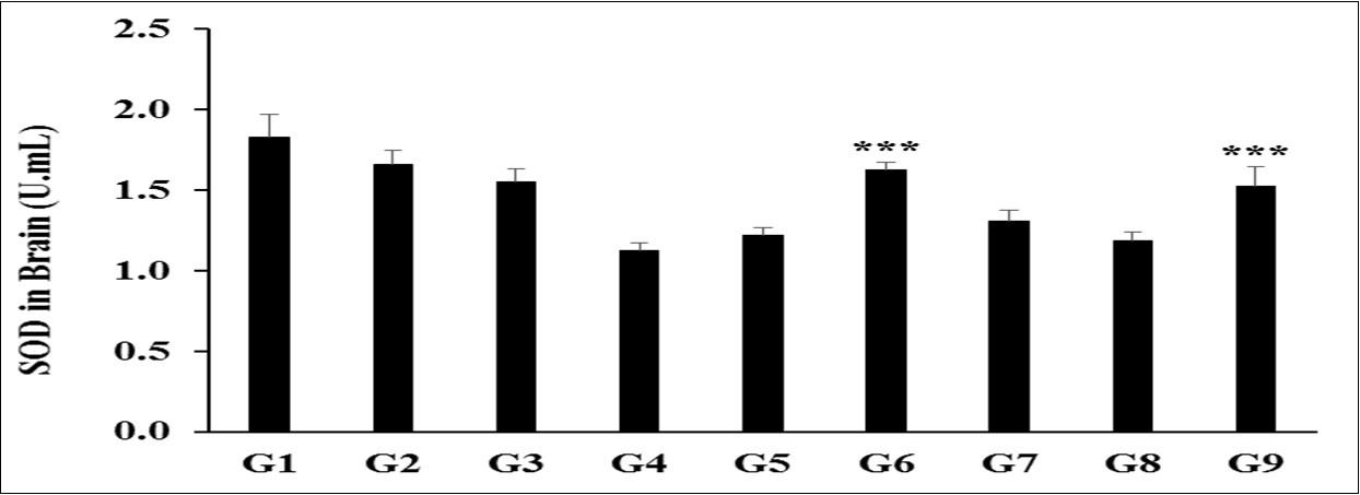 The expression level of brain superoxide dismutase (SOD) after administration of the Biofield Treated test formulation and Biofield Energy Healing/Blessing per se in Sprague Dawley rats. ***p≤0.001 vs. G4.