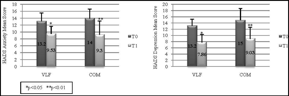 HADS mean scores at T0 and T1 assessments